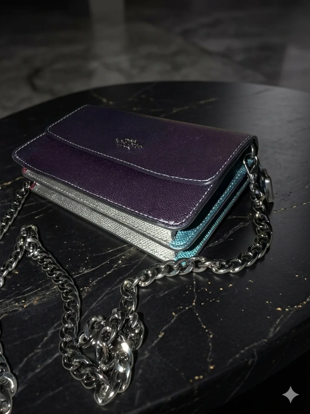Coach navy blue metallic Pebbled Leather Crossbody with Gunmetal Chain
